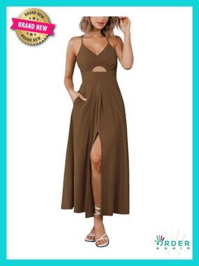 Spaghetti Strap Midi Summer Dresses Sleeveless V Neck Cutout Slit Casual Beach